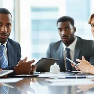 Three people sitting at a table with papers and cell phones.