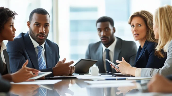 Three people sitting at a table with papers and cell phones.