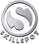 A silver logo with the word skillspot underneath it.