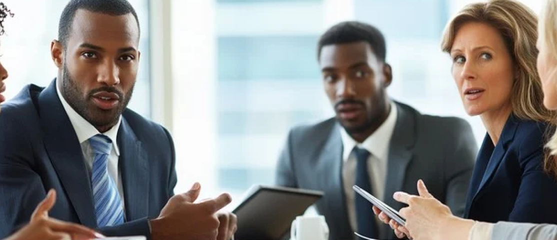 A man in a suit and tie sitting at a table with another man.